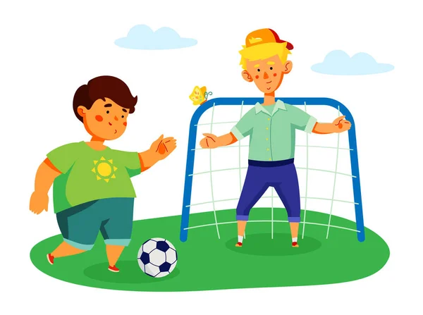 Bambini che giocano a calcio colorato disegno piatto illustrazione stile — Vettoriale Stock