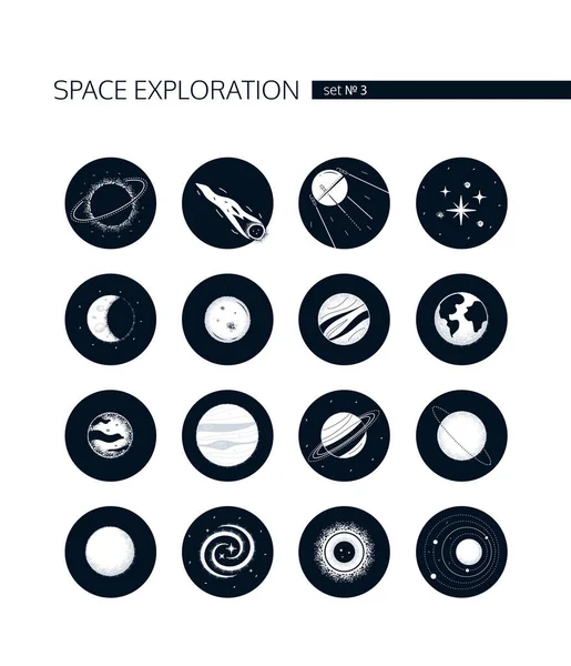 Exploration spatiale - ensemble vectoriel moderne d'icônes blanches — Image vectorielle