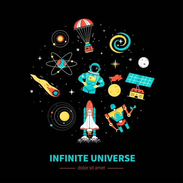 Alam semesta tak terbatas - banner web bergaya desain datar penuh warna - Stok Vektor