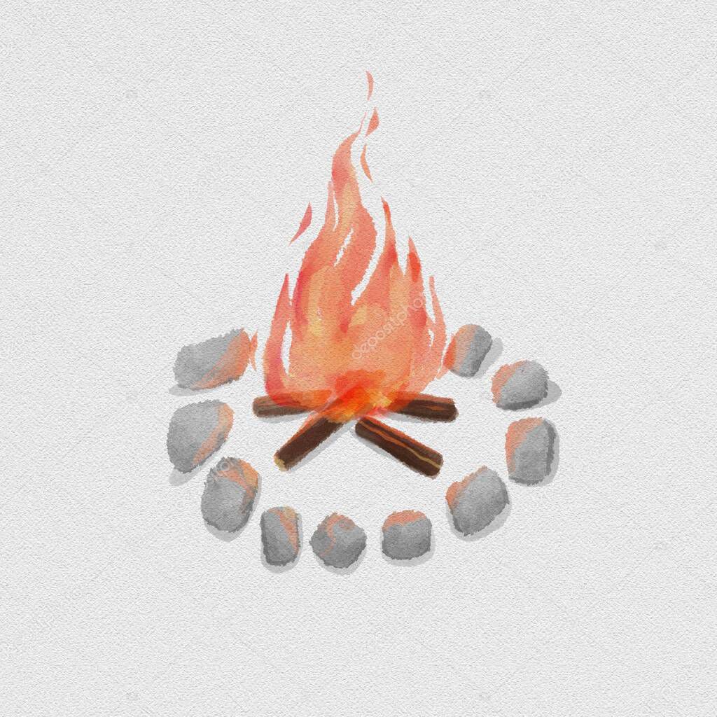 Watercolor camp fire isolated on white paper background. Tongues of flame, template for text or lettering. Hand drawn yellow and orange aquarelle burning bonfire, campfire silhouette with sparks