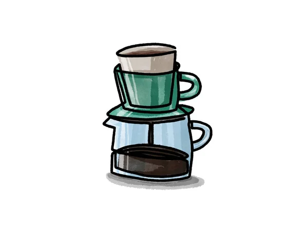 Зеленый Кофе Капельницы Конус Brew Непрерывной Линии Рисования Акварелью Стиле — стоковое фото