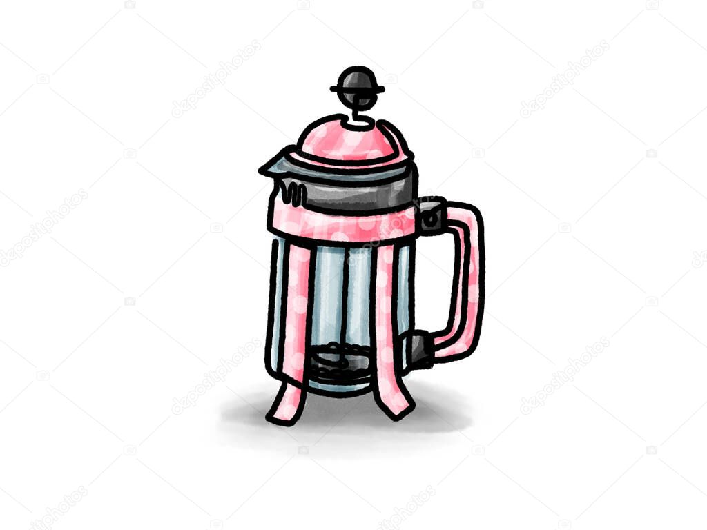 polka dot pink coffee press, french press continuous line handdraw watercolor style. Isolated on a white background.