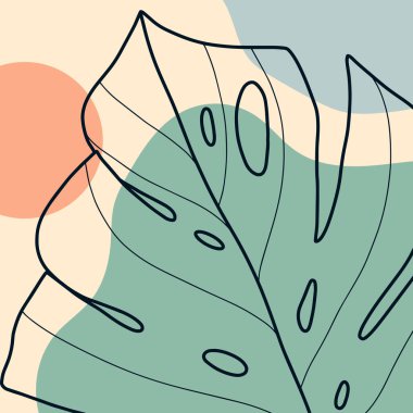 Monstera Yaprakları, soyut şekiller. Mürekkep boyama stili. Çağdaş El Vektör çizimleri. Sürekli çizgi, minimalist zarif konsept. Tüm elementler izole edildi