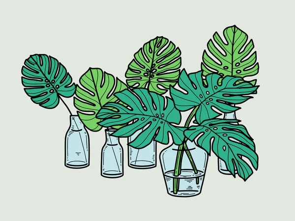 Handritad Monstera Inomhus Burk Skandinavisk Stil Illustration Med Monstera Modern — Stock vektor