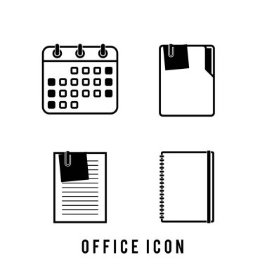 Ofisle İlgili Basit Vektör Satırı Simgeleri. Takvim, dosya dizini, ataç ve planlayıcı ile birlikte a4 kağıdı gibi simgeleri içerir.