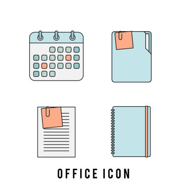 Ofisle İlgili Basit Vektör Satırı Simgeleri. Takvim, dosya dizini, ataç ve planlayıcı ile birlikte a4 kağıdı gibi simgeleri içerir.