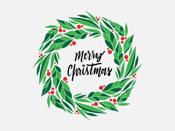 Noel çelengi ve Mutlu Noeller el yazısıyla çizilmiş tebrik kartı. Vektör çizimi. Kırmızı noktalı Noel çelengi ve yapraklar. Suluboya çizimi