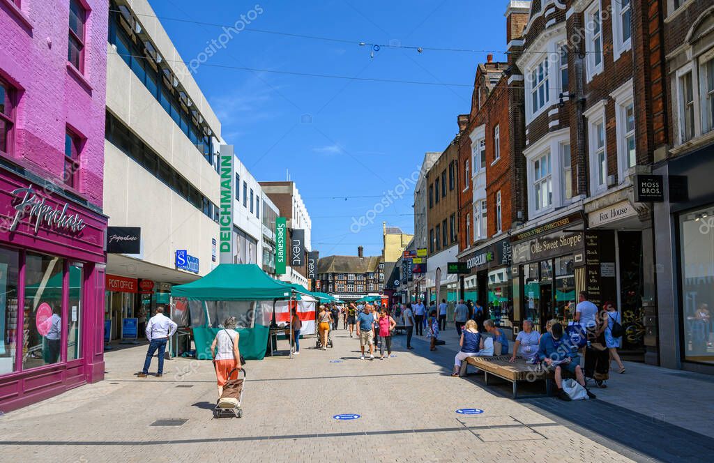Bromley (Greater London), Kent, UK. Bromley High Street with shoppers and pedestrians. A sunny day in Bromley.