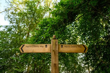 İngiltere, Surrey 'deki Woldingham yakınlarındaki North Downs Yolu' nda bir tabela. North Downs, Olağanüstü Doğal Güzellik 'in Surrey Hills Bölgesi' nin bir parçasıdır. Kuzey Downs Yolu ulusal bir patikadır..