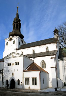 Aziz Mary Katedrali ya da Estonya, Tallinn 'deki Kubbe Kilisesi. Tallinn Eski Kasabası 'ndaki Toompea Tepesi' nde. Kilisenin beyaz duvarlarını aydınlatan alçak güneşli kış sahnesi.