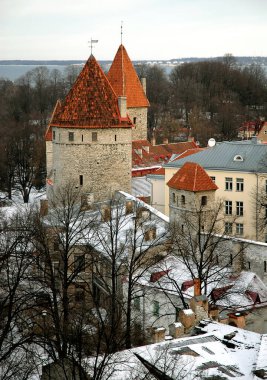 Eski Tallinn Kasabası, Estonya 'ya bakın. Tallinn' in eski şehir duvarının bir kısmını kuleleriyle gösteriyor. Tallinn popüler bir turizm merkezidir..