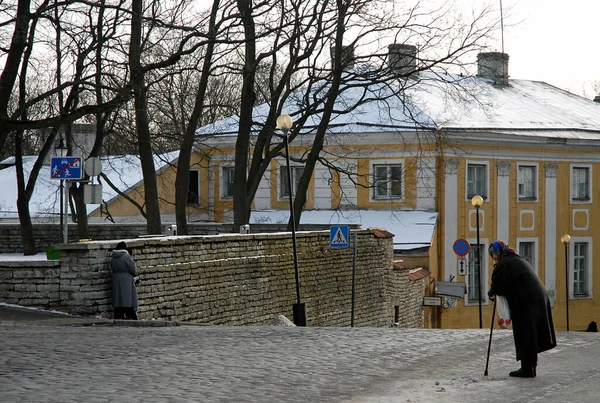 Tallin Capital Estonia Una Anciana Apoya Contra Palo Está Cerca — Foto de Stock