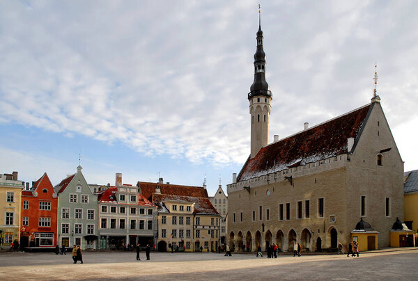 Tallinn, the capital city of Estonia. Tallinn Town Hall in Town Hall Square or Raekoja platz. This impressive old building has a history of over 600 years and is located in the center of Tallinn Old Town.
