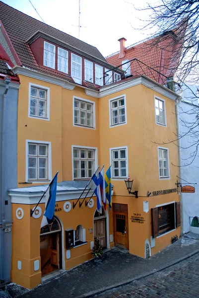 奥列维居民 一家位于爱沙尼亚塔林市中心的五颜六色的老旅馆 塔林老城有鹅卵石街道和美丽的建筑 — 图库照片