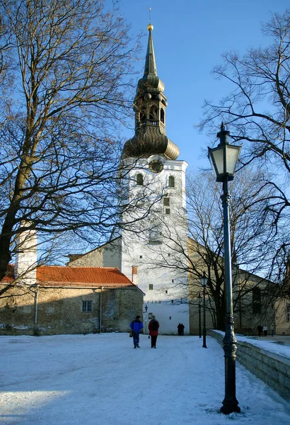 爱沙尼亚塔林的圣玛丽大教堂或圆顶教堂 座落于塔林古城的图姆皮山 冬天的场景 两个人在雪地里走向教堂 — 图库照片