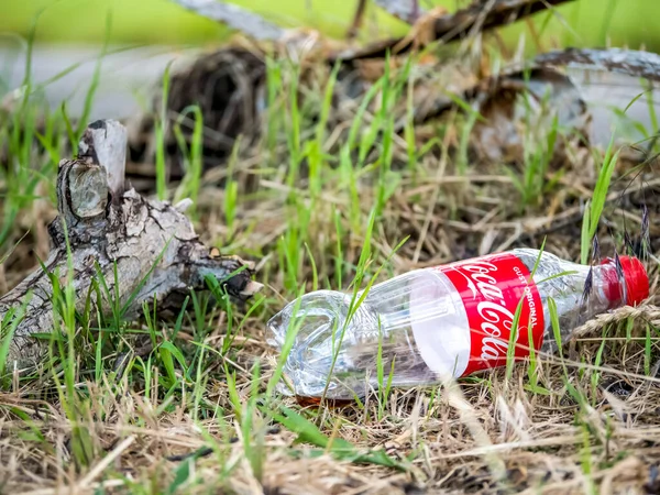 Bükreş / Romanya - 05.23.2020: Çimlerin üzerinde bir Coca Cola plastik şişe (PET) kaldı. Çevre kavramı