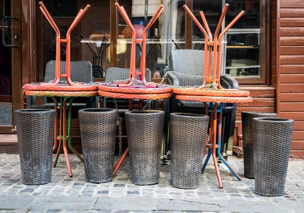 Bunch Chairs Tables Stacked End Season Outdoor Drinking Dining — Stock Photo, Image