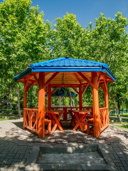 Colored Outdoor Hexagonal Wooden Gazebo Pavilion Build Park — Stock Photo, Image