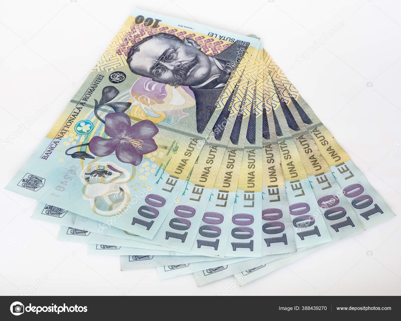 在白底背景上有100多种罗马罗尼亚或列伊纸币罗马尼亚货币——图库图片© CristiCroitoru #388439270