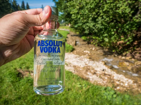 Brasov / Romanya - 08.28.2020: Elinde bir şişe Absolut Votka tutan adam.
