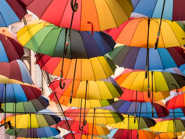 Street decorated with colored umbrellas in the center of Bucharest