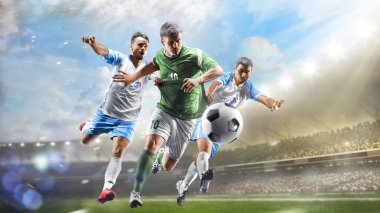 Soccer players in action on the day grand stadium background panorama clipart