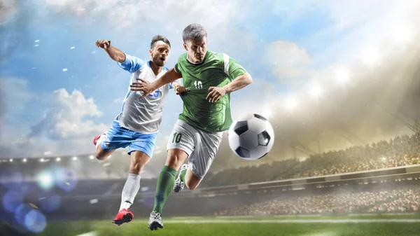 Soccer players in action on the day grand stadium background panorama — Stock Photo, Image