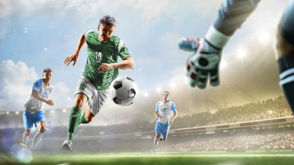 Soccer players in action on the day grand stadium background panorama
