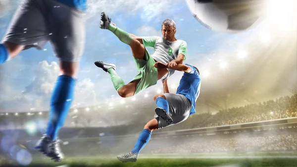 Soccer players in action on the day grand stadium background panorama
