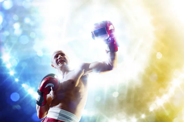 Box professional figter on the ring in lights — Stock Photo, Image
