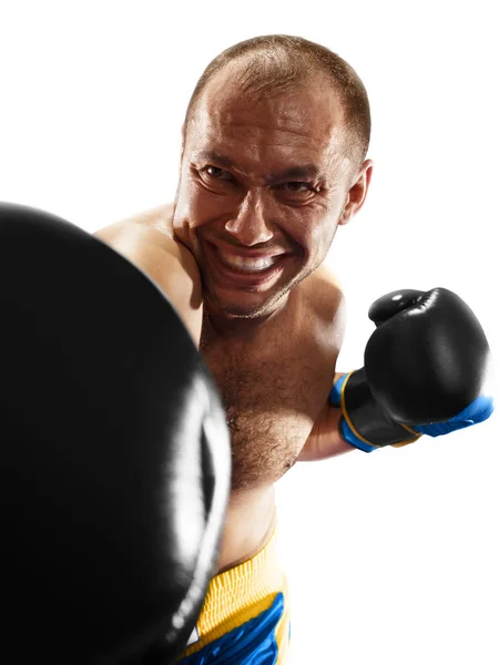 Boxer profissional isolado no fundo preto escuro — Fotografia de Stock