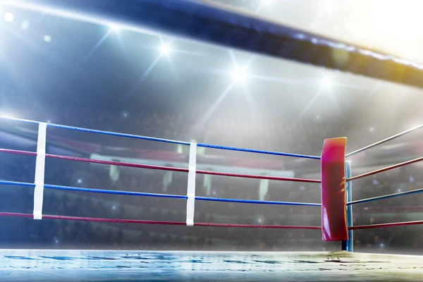 International professional boxing ring in bright lights 3d render — Stock Photo, Image