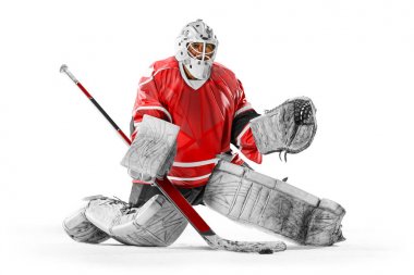 Profesyonel buz hokeyi oyuncusu kaleci beyaz backgound üzerinde eylem