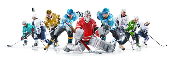 Gran collage de hockey sobre hielo con jugadores profesionales en el fondo blanco —  Fotos de Stock