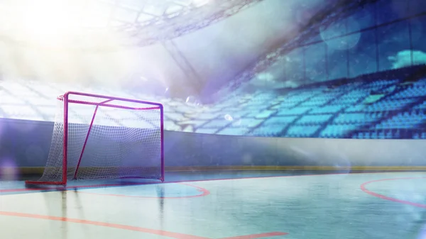 Stadio di hockey su ghiaccio con luci folla e una pista di ghiaccio vuota — Foto Stock