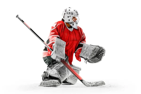 Professional ice hockey player goalkeeper in action on white backgound — Stock Photo, Image