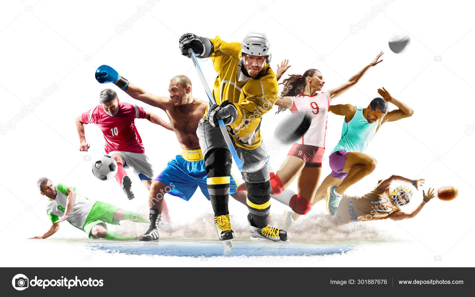Multi esporte colagem futebol boxe futebol voleyball hóquei no gelo em  execução no fundo branco fotos, imagens de © 103tnn #301887676