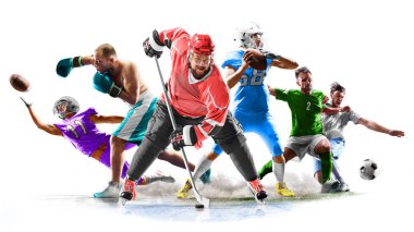 Beyaz arka plan üzerinde çok spor kolaj futbol boks futbol buz hokeyi