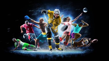 Siyah arka plan üzerinde çok spor kolaj futbol futbol voleyball buz hokeyi