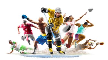 Çok spor kolaj futbol futbol voleyball buz hokeyi beyaz arka plan üzerinde çalışan