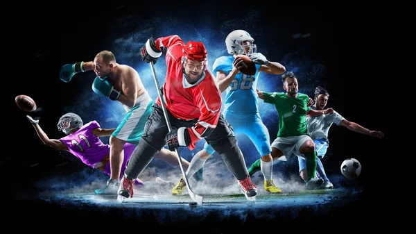 Multi sport collage voetbal boksen voetbal ijshockey op zwarte achtergrond — Stockfoto