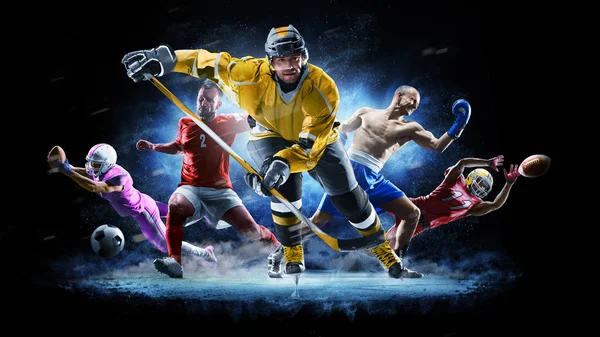 Multisport-Collage Fußball Boxen Fußball Eishockey auf schwarzem Hintergrund — Stockfoto