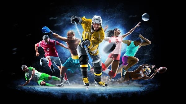 Multi sport collage football boxing soccer voleyball ice hockey on black background — Stock Photo, Image