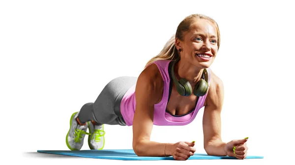 Professional fitness woman working out and stretching isolated on white background — Stock Photo, Image