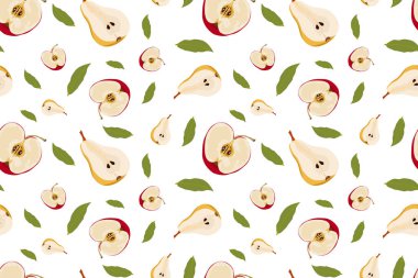 Kırmızı elma, armut ve yeşil yaprak şeklinde yarım yamalak şekilli vektör deseni. Yazdırma menüleri, tarifler, kartlar, davetiyeler, kumaşlar, giysiler, ambalaj kağıtları için renkli tasarım..