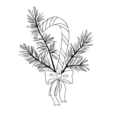 Spruce dalları ve noel şekeri görüntülü vektör çizimi. El yapımı Xmas çizimleri. Bayram tebrik kartı, hediye etiketi, etiket, etiket, pankart için modern tasarım öğeleri. Kış ve Yeni Yıl siyah özet simgeleri.