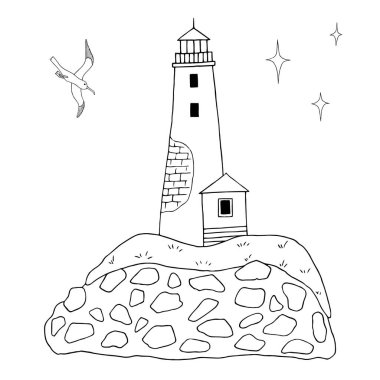 Vektör el çizimi deniz feneri ve uçan martı çizimi. Boyama kitabı, tebrik kartları, ambalaj, poster, logo için dizayn.