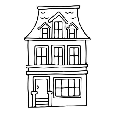 Evin görüntüsüyle vektör çizimi. Karalama stilinde elle çizilmiş. Gayrimenkul alım, satım ve kiralama. Kartpostallar, posterler, kumaşlar için tasarım