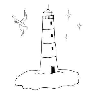 Vektör el çizimi deniz feneri ve uçan martı çizimi. Boyama kitabı için tasarım, tebrik kartları yazdırma, paketleme.