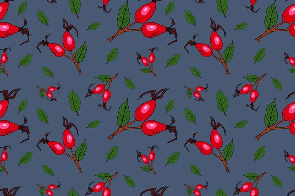 Vector Seamless Pattern Rose Hip Blue Background Berry Pattern Consisting — Stock Vector